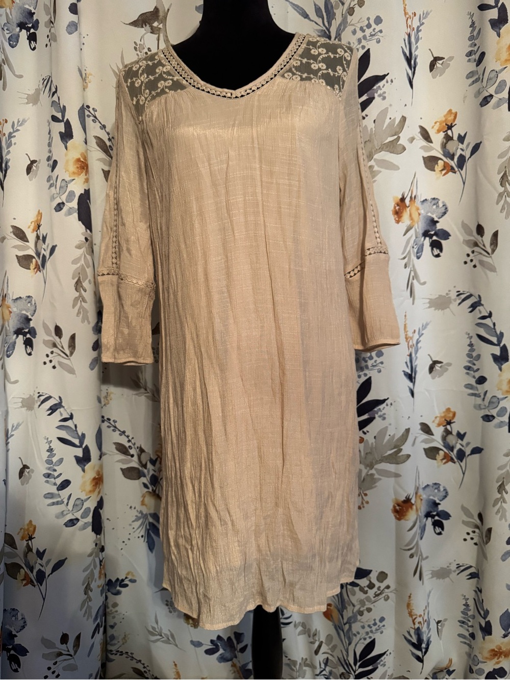 Boho Crochet Yoke Tunic Dress - Cream Indigo Rose Size Small B8
